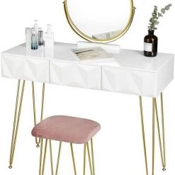 EUGAD Schminktisch (1-St), Frisiertisch mit Hocker und Spiegel, 360° schwenkbar Schminkspiegel, Kosmetiktisch mit 2 Schubladen, gepolsterte Samthocker, 3D Effekt Schublade, Weiß und golden 24 EUGAD Schminktisch (1-St), Frisiertisch mit Hocker und Spiegel, 360° schwenkbar Schminkspiegel, Kosmetiktisch mit 2 Schubladen, gepolsterte Samthocker, 3D Effekt Schublade, Weiß und golden -Eugad Möbel Einkaufen 0163f058 6b90 5e40 86ba da0f22e817b8