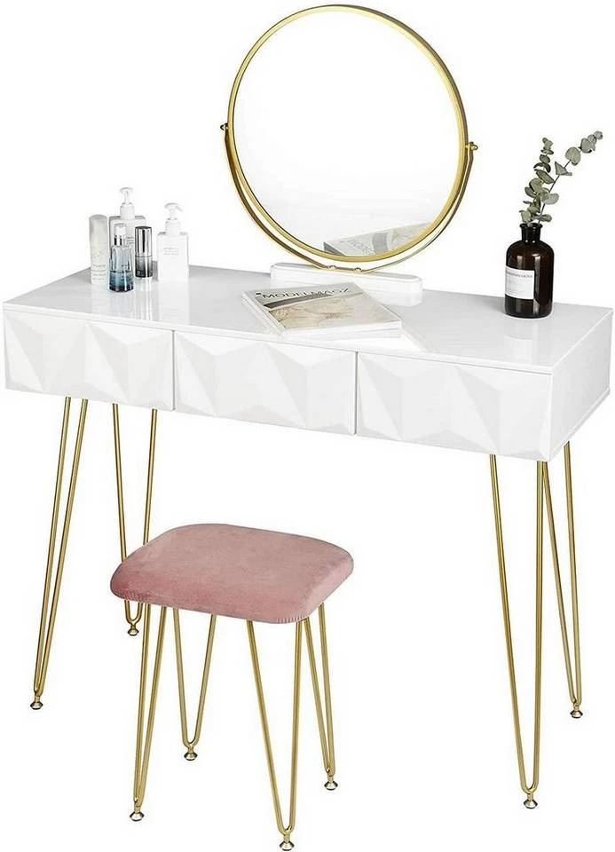 EUGAD Schminktisch (1-St), Frisiertisch mit Hocker und Spiegel, 360° schwenkbar Schminkspiegel, Kosmetiktisch mit 2 Schubladen, gepolsterte Samthocker, 3D Effekt Schublade, Weiß und golden 12 EUGAD Schminktisch (1-St), Frisiertisch mit Hocker und Spiegel, 360° schwenkbar Schminkspiegel, Kosmetiktisch mit 2 Schubladen, gepolsterte Samthocker, 3D Effekt Schublade, Weiß und golden – Bild 12