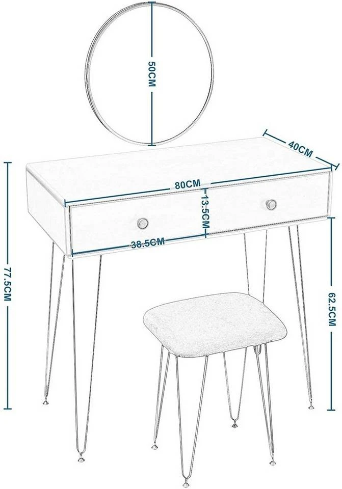 EUGAD Schminktisch (1-St), Frisiertisch Kosmetiktisch mit rundem Spiegel und 2 Schubladen für Schlafzimmer aus MDF und Massivholz, Goldenfußgestell, Weiß+Golden 3 EUGAD Schminktisch (1-St), Frisiertisch Kosmetiktisch mit rundem Spiegel und 2 Schubladen für Schlafzimmer aus MDF und Massivholz, Goldenfußgestell, Weiß+Golden – Bild 3