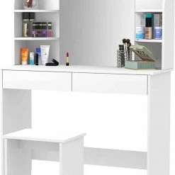 EUGAD Schminktisch, Schminktisch mit Spiegel und Hocker, Hochglanz Kosmetiktisch Weiß