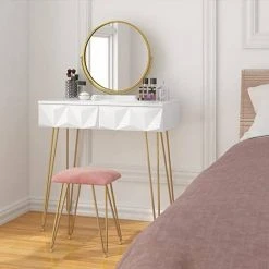EUGAD Schminktisch (1-St), Frisiertisch mit Hocker und Spiegel, 360° schwenkbar Schminkspiegel, Kosmetiktisch mit 2 Schubladen, gepolsterte Samthocker, 3D Effekt Schublade, Weiß und golden 17 EUGAD Schminktisch (1-St), Frisiertisch mit Hocker und Spiegel, 360° schwenkbar Schminkspiegel, Kosmetiktisch mit 2 Schubladen, gepolsterte Samthocker, 3D Effekt Schublade, Weiß und golden -Eugad Möbel Einkaufen 1b3eacdc 6261 4972 b56a 7c4a21d481f0
