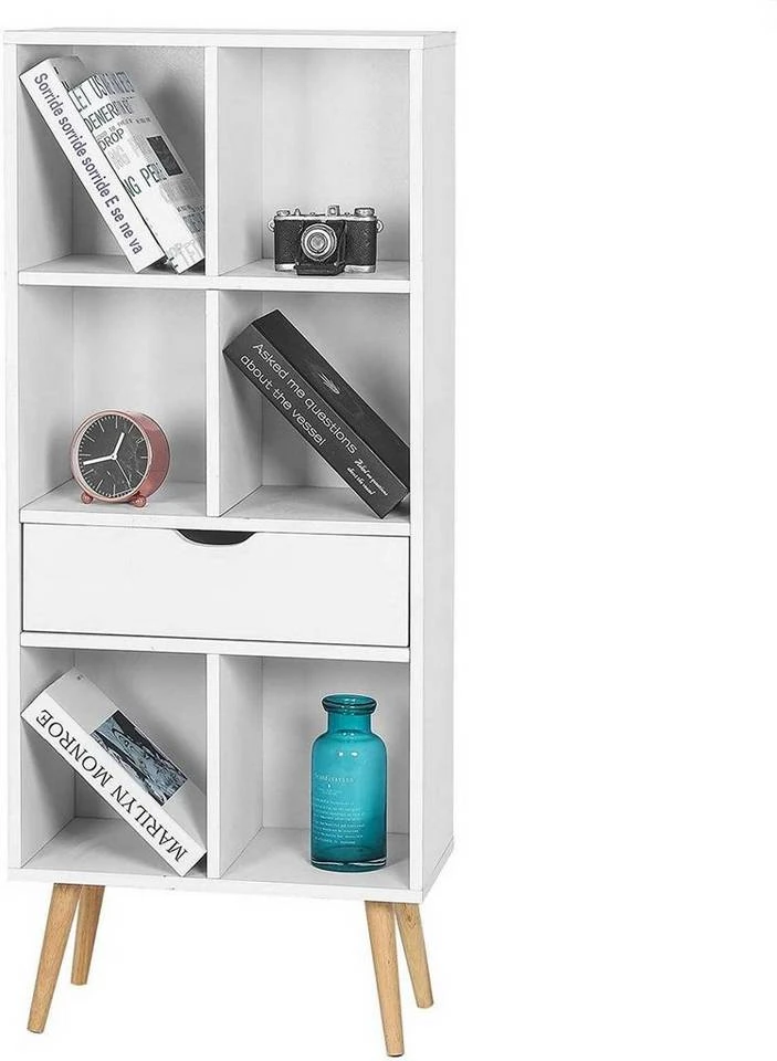EUGAD Bücherregal, Bücherschrank Raumteiler mit Schublade, mit Fußbeine, 6 Fächer, Weiß 4 EUGAD Bücherregal, Bücherschrank Raumteiler mit Schublade, mit Fußbeine, 6 Fächer, Weiß – Bild 4