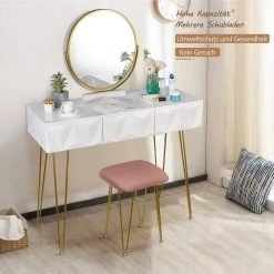 EUGAD Schminktisch (1-St), Frisiertisch mit Hocker und Spiegel, 360° schwenkbar Schminkspiegel, Kosmetiktisch mit 2 Schubladen, gepolsterte Samthocker, 3D Effekt Schublade, Weiß und golden 21 EUGAD Schminktisch (1-St), Frisiertisch mit Hocker und Spiegel, 360° schwenkbar Schminkspiegel, Kosmetiktisch mit 2 Schubladen, gepolsterte Samthocker, 3D Effekt Schublade, Weiß und golden -Eugad Möbel Einkaufen 28340dc1 3357 517c a7ed b2161a2f957b