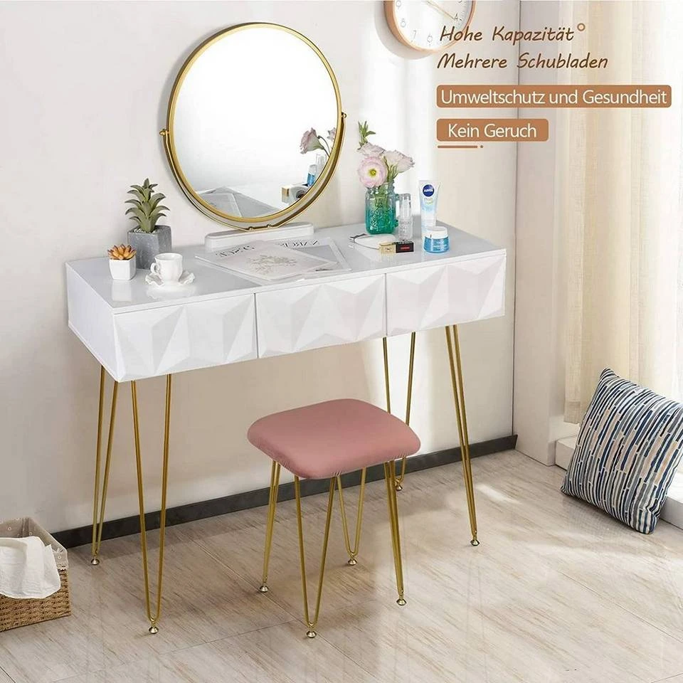 EUGAD Schminktisch (1-St), Frisiertisch mit Hocker und Spiegel, 360° schwenkbar Schminkspiegel, Kosmetiktisch mit 2 Schubladen, gepolsterte Samthocker, 3D Effekt Schublade, Weiß und golden 9 EUGAD Schminktisch (1-St), Frisiertisch mit Hocker und Spiegel, 360° schwenkbar Schminkspiegel, Kosmetiktisch mit 2 Schubladen, gepolsterte Samthocker, 3D Effekt Schublade, Weiß und golden – Bild 9