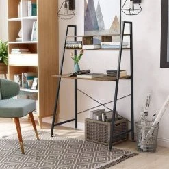 EUGAD Schreibtisch, Bürotisch Computertisch Arbeitstisch PC Tisch mit Ablage Holz Stal Holz Vintage+schwarz Hell Eiche+schwarz