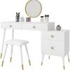 EUGAD Schminktisch (1-St), Schminktisch mit Hocker und Spiegel, Frisiertisch mit 4 Schubladen und Kosmetiktisch Frisierkommode für Schlafzimmer, Weiß Gold