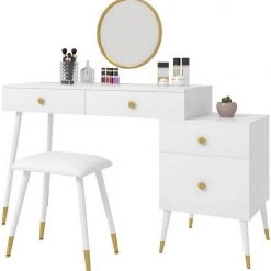 EUGAD Schminktisch (1-St), Schminktisch mit Hocker und Spiegel, Frisiertisch mit 4 Schubladen und Kosmetiktisch Frisierkommode für Schlafzimmer, Weiß Gold