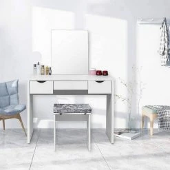 EUGAD Schminktisch, mit Hocker einem große Spiegel und 3 großen Schubladen Weiß-Eiche Eiche-Wei&szlig;, Wei&szlig;, Wei&szlig;-Eiche -Eugad Möbel Einkaufen 46821c3d cf53 5755 a3fe 732b1553e809