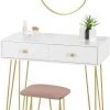 EUGAD Schminktisch (1-St), Frisiertisch Kosmetiktisch mit rundem Spiegel und 2 Schubladen für Schlafzimmer aus MDF und Massivholz, Goldenfußgestell, Weiß+Golden