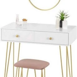 EUGAD Schminktisch (1-St), Frisiertisch Kosmetiktisch mit rundem Spiegel und 2 Schubladen für Schlafzimmer aus MDF und Massivholz, Goldenfußgestell, Weiß+Golden