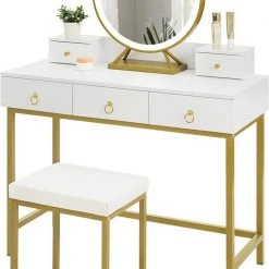 EUGAD Schminktisch (1-St), Schminktisch mit LED-Beleuchtung in 3 Farben, Kosmetiktisch mit Spiegel und Hocker, 5 Schubladen, 100x40x140cm, Modern Kosmetiktisch Weiß Schwarz, Weiß