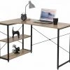 EUGAD Schreibtisch, Computertisch Büromöbel Couchtisch mit Ablage Holz Stahl Schwarz+Beigebraun Industrie-design