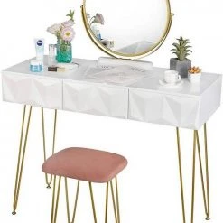 EUGAD Schminktisch (1-St), Frisiertisch mit Hocker und Spiegel, 360° schwenkbar Schminkspiegel, Kosmetiktisch mit 2 Schubladen, gepolsterte Samthocker, 3D Effekt Schublade, Weiß und golden 23 EUGAD Schminktisch (1-St), Frisiertisch mit Hocker und Spiegel, 360° schwenkbar Schminkspiegel, Kosmetiktisch mit 2 Schubladen, gepolsterte Samthocker, 3D Effekt Schublade, Weiß und golden -Eugad Möbel Einkaufen 57c5bdf8 3194 5e92 b87d 1ee9c09a616b