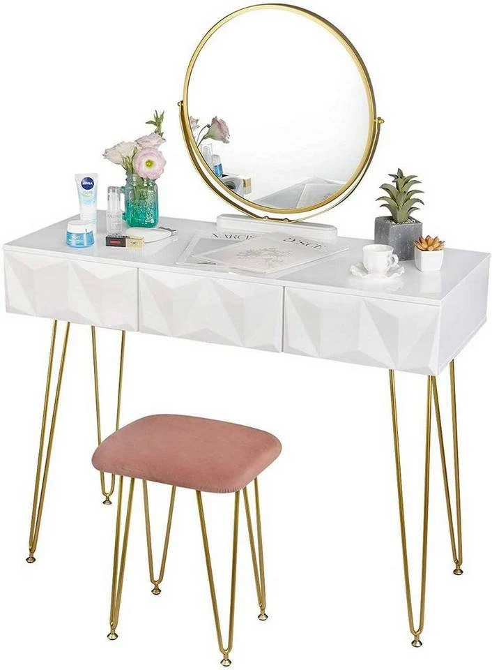 EUGAD Schminktisch (1-St), Frisiertisch mit Hocker und Spiegel, 360° schwenkbar Schminkspiegel, Kosmetiktisch mit 2 Schubladen, gepolsterte Samthocker, 3D Effekt Schublade, Weiß und golden 11 EUGAD Schminktisch (1-St), Frisiertisch mit Hocker und Spiegel, 360° schwenkbar Schminkspiegel, Kosmetiktisch mit 2 Schubladen, gepolsterte Samthocker, 3D Effekt Schublade, Weiß und golden – Bild 11