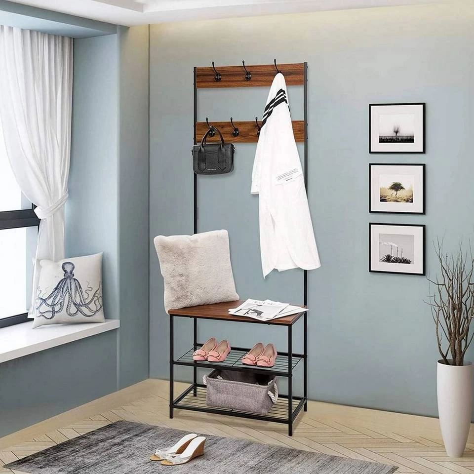 EUGAD Garderobenständer, (1 St), Kleiderständer, mit Haken, Schuhbank, Dunkelbraun 2 EUGAD Garderobenständer, (1 St), Kleiderständer, mit Haken, Schuhbank, Dunkelbraun – Bild 2