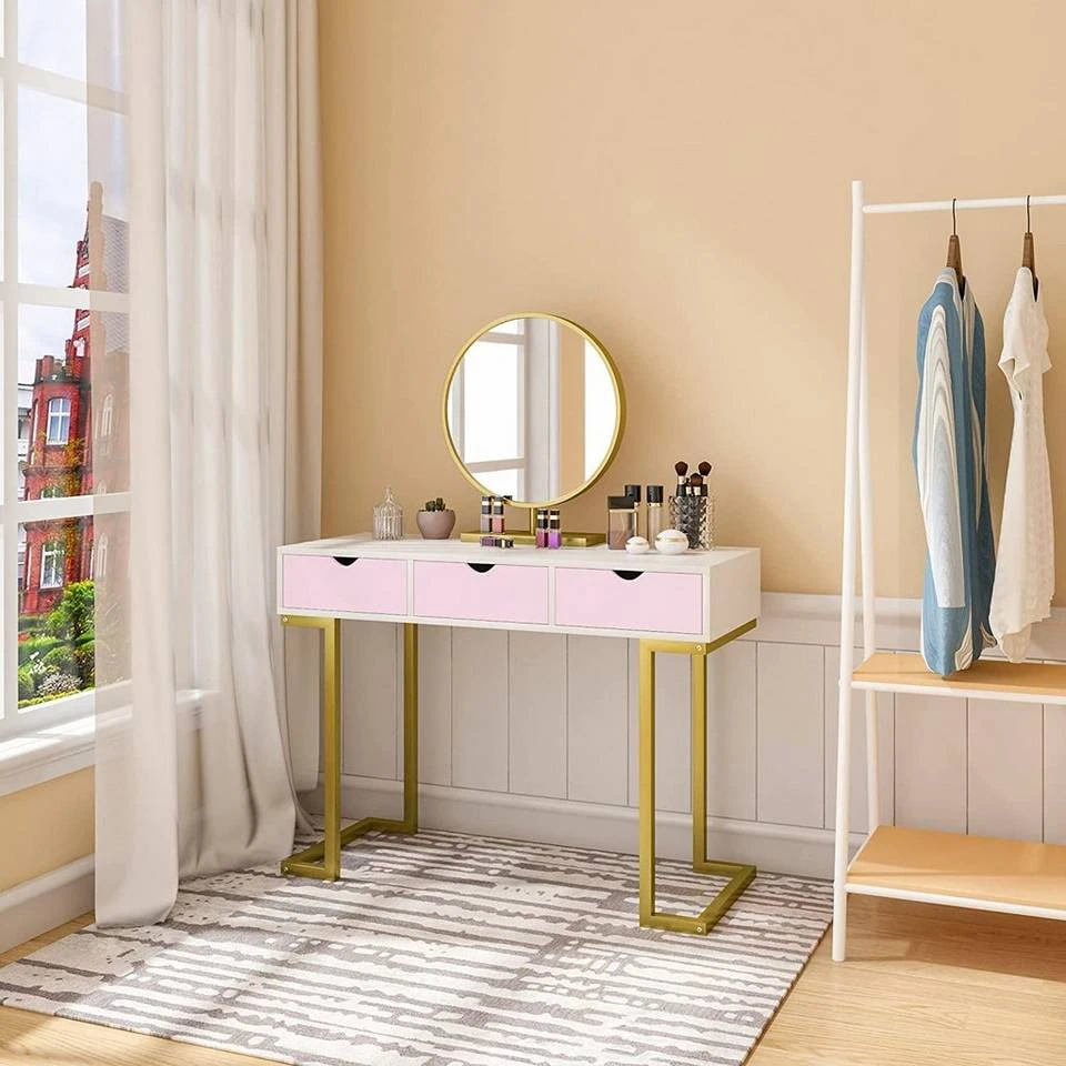 EUGAD Schminktisch (1-St), Schminktisch Frisiertisch Kommode mit Spiegel modern Kosmetiktisch mit 3 Schubladen Weiß-Rosa-Golden 2 EUGAD Schminktisch (1-St), Schminktisch Frisiertisch Kommode mit Spiegel modern Kosmetiktisch mit 3 Schubladen Weiß-Rosa-Golden – Bild 2