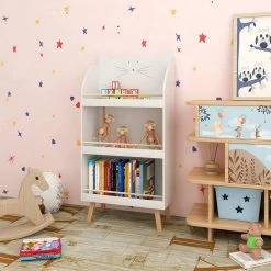 EUGAD Bücherregal, Kinderregal im Kinderzimmer, Spielzeugregal mit 3 Regalen, solides Aufbewahrungsregal in Katzenform aus MDF und Kiefernholz, 60x29x121,5 cm, Weiß