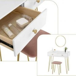 EUGAD Schminktisch (1-St), Frisiertisch Kosmetiktisch mit rundem Spiegel und 2 Schubladen für Schlafzimmer aus MDF und Massivholz, Goldenfußgestell, Weiß+Golden 11 EUGAD Schminktisch (1-St), Frisiertisch Kosmetiktisch mit rundem Spiegel und 2 Schubladen für Schlafzimmer aus MDF und Massivholz, Goldenfußgestell, Weiß+Golden -Eugad Möbel Einkaufen 68c2ba6a ae63 5cae 9f6a 625c5ad0e881