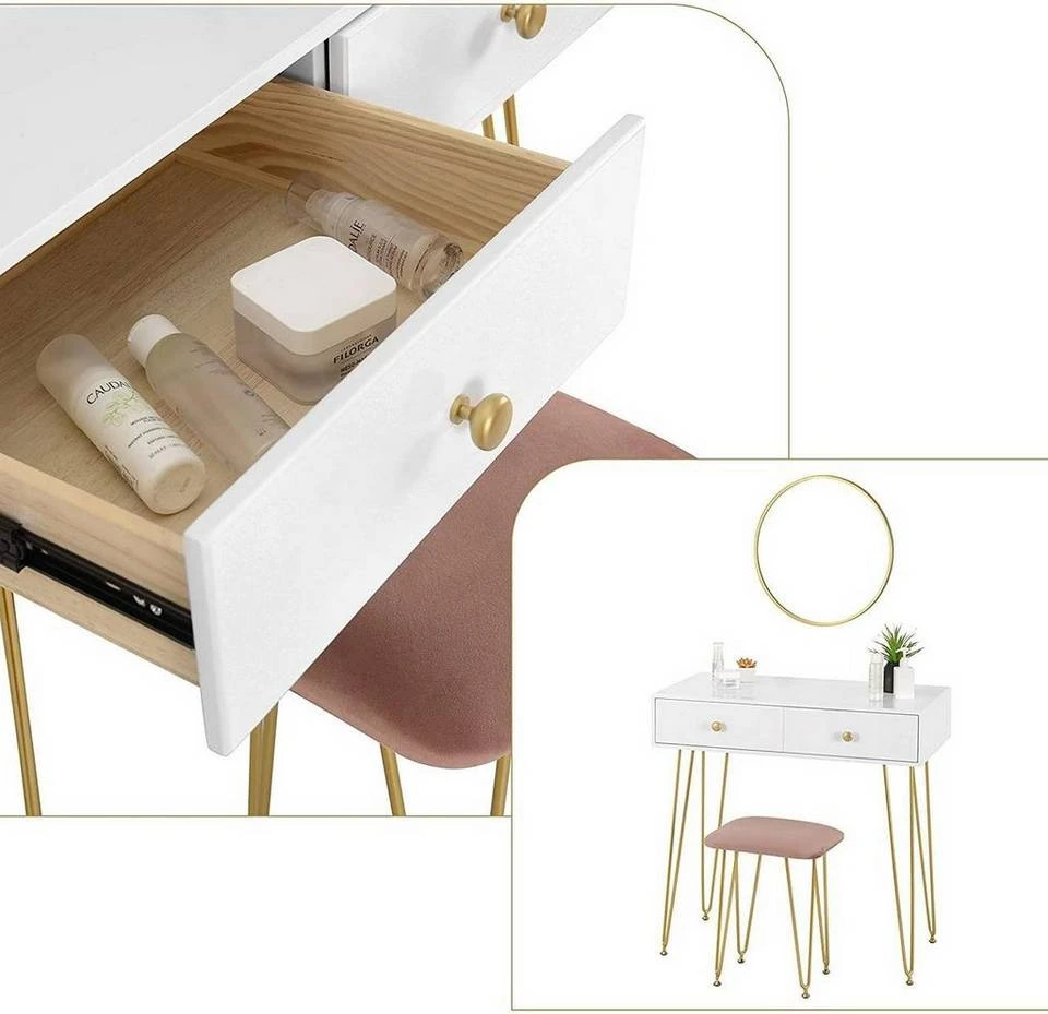 EUGAD Schminktisch (1-St), Frisiertisch Kosmetiktisch mit rundem Spiegel und 2 Schubladen für Schlafzimmer aus MDF und Massivholz, Goldenfußgestell, Weiß+Golden 6 EUGAD Schminktisch (1-St), Frisiertisch Kosmetiktisch mit rundem Spiegel und 2 Schubladen für Schlafzimmer aus MDF und Massivholz, Goldenfußgestell, Weiß+Golden – Bild 6