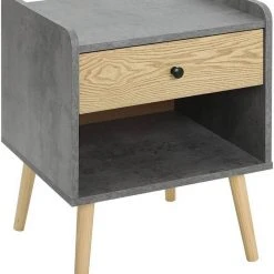 EUGAD Nachttisch (1-St), Nachtkommode, Kommode mit Schubladen und Ablagefach, Nachtschrank Industrial-Design Beistelltisch einfach Aufbau, für Schlafzimmer, Wohnzimmer Grau + Helle Eiche