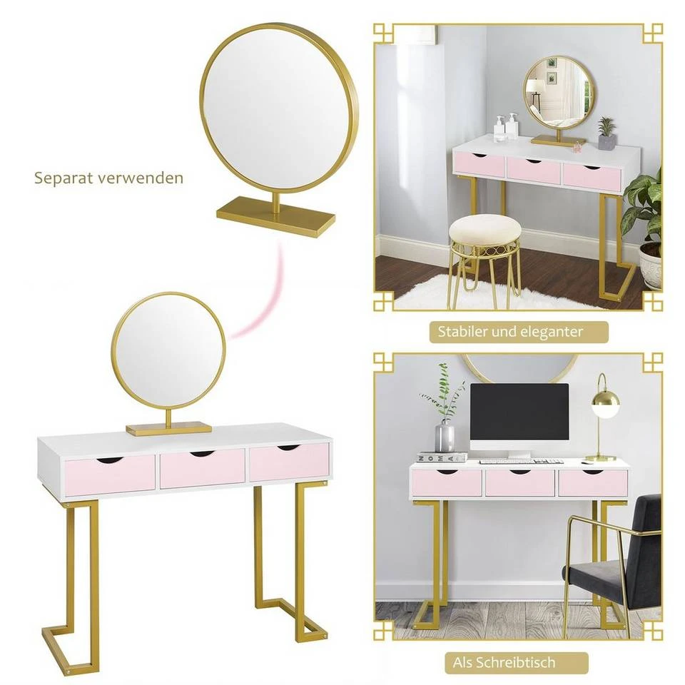 EUGAD Schminktisch (1-St), Schminktisch Frisiertisch Kommode mit Spiegel modern Kosmetiktisch mit 3 Schubladen Weiß-Rosa-Golden 4 EUGAD Schminktisch (1-St), Schminktisch Frisiertisch Kommode mit Spiegel modern Kosmetiktisch mit 3 Schubladen Weiß-Rosa-Golden – Bild 4