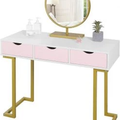 EUGAD Schminktisch (1-St), Schminktisch Frisiertisch Kommode mit Spiegel modern Kosmetiktisch mit 3 Schubladen Weiß-Rosa-Golden