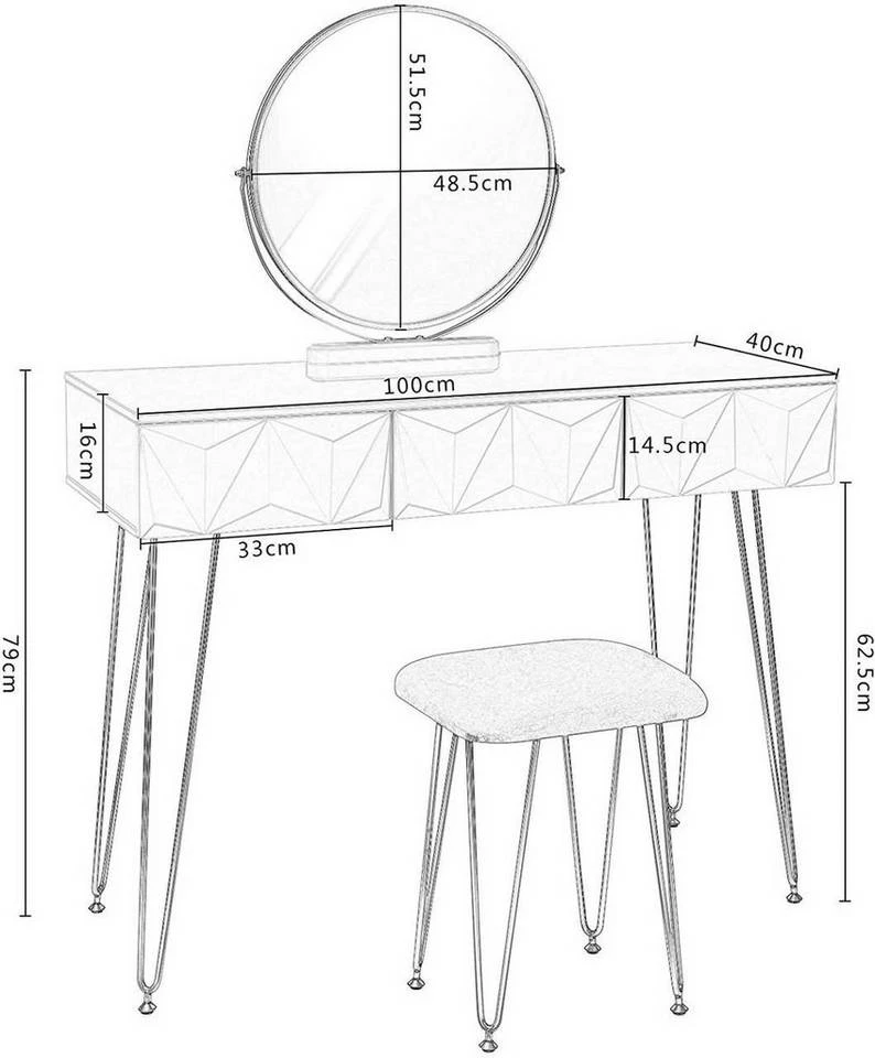 EUGAD Schminktisch (1-St), Frisiertisch mit Hocker und Spiegel, 360° schwenkbar Schminkspiegel, Kosmetiktisch mit 2 Schubladen, gepolsterte Samthocker, 3D Effekt Schublade, Weiß und golden 10 EUGAD Schminktisch (1-St), Frisiertisch mit Hocker und Spiegel, 360° schwenkbar Schminkspiegel, Kosmetiktisch mit 2 Schubladen, gepolsterte Samthocker, 3D Effekt Schublade, Weiß und golden – Bild 10