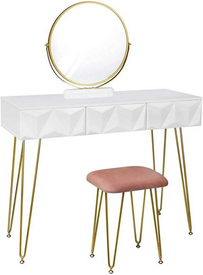 EUGAD Schminktisch (1-St), Frisiertisch mit Hocker und Spiegel, 360° schwenkbar Schminkspiegel, Kosmetiktisch mit 2 Schubladen, gepolsterte Samthocker, 3D Effekt Schublade, Weiß und golden 8 EUGAD Schminktisch (1-St), Frisiertisch mit Hocker und Spiegel, 360° schwenkbar Schminkspiegel, Kosmetiktisch mit 2 Schubladen, gepolsterte Samthocker, 3D Effekt Schublade, Weiß und golden – Bild 8
