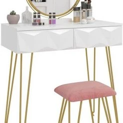 EUGAD Schminktisch (1-St), Frisiertisch mit Hocker und Spiegel, 360° schwenkbar Schminkspiegel, Kosmetiktisch mit 2 Schubladen, gepolsterte Samthocker, 3D Effekt Schublade, Weiß und golden 18 EUGAD Schminktisch (1-St), Frisiertisch mit Hocker und Spiegel, 360° schwenkbar Schminkspiegel, Kosmetiktisch mit 2 Schubladen, gepolsterte Samthocker, 3D Effekt Schublade, Weiß und golden -Eugad Möbel Einkaufen 81e6e719 307e 4f03 ace9 f8322e179f99