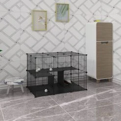 EUGAD Freigehege, Freigehege Kaninchen mit Stauraum Hasen Meerschweinchen Welpenauslauf Laufgitter mit Tür&Treppe DIY Schwarz 38 Platten (35x35cm/Platte) 105 x 70 x 70 cm