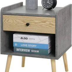 EUGAD Nachttisch (1-St), Nachtkommode, Kommode mit Schubladen und Ablagefach, Nachtschrank Industrial-Design Beistelltisch einfach Aufbau, für Schlafzimmer, Wohnzimmer Grau + Helle Eiche -Eugad Möbel Einkaufen 8c6f430c 4585 42e9 b0e6 7833299ad4a3