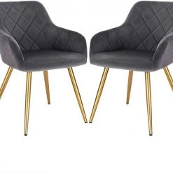 EUGAD Esszimmerstuhl (2 Stück), Wohnzimmerstuhl mit Armlehnen und Rückenlehne aus Samt Polsterstuhl Metallbeine in Gold Dunkelgrau Dunkelgrau | Dunkelgrau, Schwarz | Schwarz