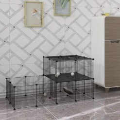 EUGAD Freigehege, Freigehege Kaninchen mit Stauraum Hasen Meerschweinchen Welpenauslauf Laufgitter mit Tür&Treppe DIY Schwarz 30 Platten (35x35cm/Platte) 105 x 70 x 70 cm