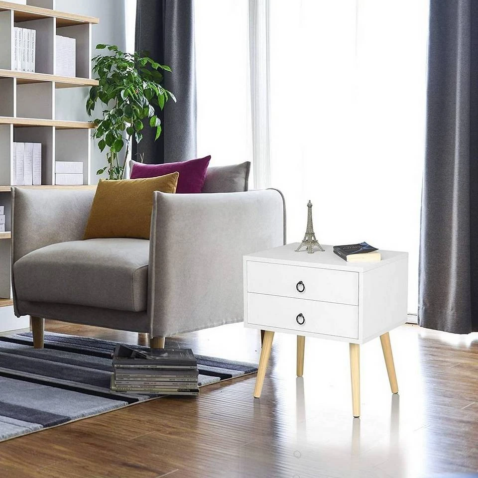 EUGAD Nachttisch, 2er-Set Beistelltisch mit 2 Schubladen Nachtkommode Nachtschrank Holzbeine MDF 46x35x50cm Weiß Grau, Weiß 2 EUGAD Nachttisch, 2er-Set Beistelltisch mit 2 Schubladen Nachtkommode Nachtschrank Holzbeine MDF 46x35x50cm Weiß Grau, Weiß – Bild 2