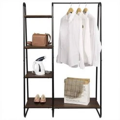 EUGAD Garderobenständer, Kleiderständer,mit Regal, Metall, Holz,im Flur, Wohnzimmer, Dunkelbraun-Schwarz Eiche-Weiß, Sand-Weiß
