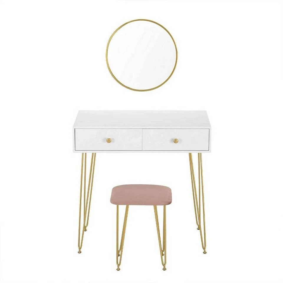 EUGAD Schminktisch (1-St), Frisiertisch Kosmetiktisch mit rundem Spiegel und 2 Schubladen für Schlafzimmer aus MDF und Massivholz, Goldenfußgestell, Weiß+Golden 4 EUGAD Schminktisch (1-St), Frisiertisch Kosmetiktisch mit rundem Spiegel und 2 Schubladen für Schlafzimmer aus MDF und Massivholz, Goldenfußgestell, Weiß+Golden – Bild 4