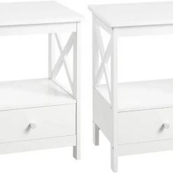EUGAD Nachttisch, 2er-Set Beistelltisch Nachtschrank Nachtkommode Sofatisch aus MDF mit Schublade und Ablage für Schlafzimmer oder Wohnzimmer Weiß