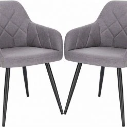 EUGAD Esszimmerstuhl (2 Stück), Wohnzimmerstuhl aus Leinen Polsterstuhl mit Armlehnen und Rückenlehne schwarze Gestell aus Metall Hellgrau Dunkelgrau