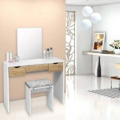 EUGAD Schminktisch, mit Hocker einem große Spiegel und 3 großen Schubladen Weiß-Eiche Eiche-Wei&szlig;, Wei&szlig;, Wei&szlig;-Eiche -Eugad Möbel Einkaufen bb74bb19 1789 5b90 8ea0 f708b9df9cf6