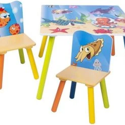 EUGAD Sitzgruppe, Kindersitzgruppe 1 Kindertisch und 2 Kinderstühle Set Kinderschreibtisch aus Wassertiere Serie Bunt