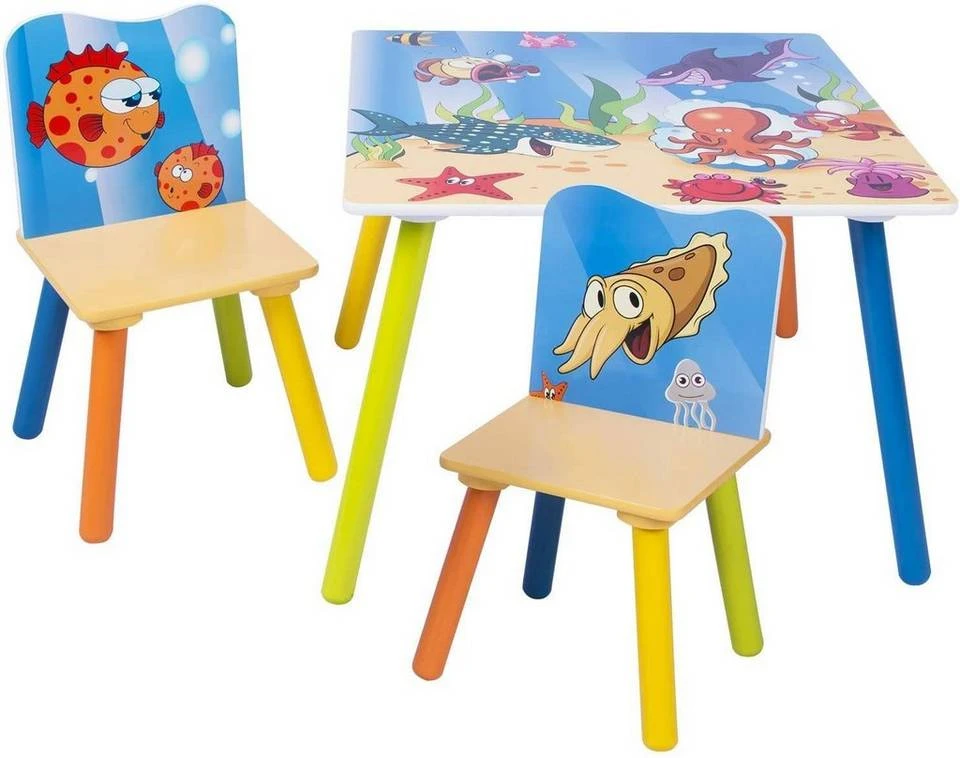 EUGAD Sitzgruppe, Kindersitzgruppe 1 Kindertisch und 2 Kinderstühle Set Kinderschreibtisch aus Wassertiere Serie Bunt 1 EUGAD Sitzgruppe, Kindersitzgruppe 1 Kindertisch und 2 Kinderstühle Set Kinderschreibtisch aus Wassertiere Serie Bunt