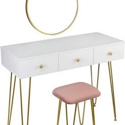 EUGAD Schminktisch, Kosmetiktisch mit 3 Schubladen, Frisiertisch aus MDF und Massivholz, 100x40x79cm, Weiß-Golden