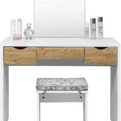 EUGAD Schminktisch, mit Hocker einem große Spiegel und 3 großen Schubladen Weiß-Eiche Eiche-Wei&szlig;, Wei&szlig;, Wei&szlig;-Eiche