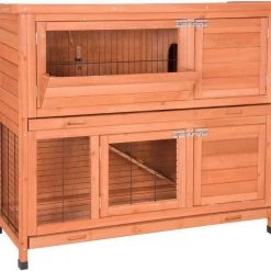 EUGAD Tierhaus, Hasenstall Kaninchenstall Hasenkäfig Kleintierstall Meerschweinchen Massivholz Hellrot 120 x 50 x 100,5 cm Grau-Weiß, Hellbraun