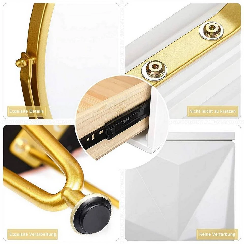 EUGAD Schminktisch (1-St), Frisiertisch mit Hocker und Spiegel, 360° schwenkbar Schminkspiegel, Kosmetiktisch mit 2 Schubladen, gepolsterte Samthocker, 3D Effekt Schublade, Weiß und golden 13 EUGAD Schminktisch (1-St), Frisiertisch mit Hocker und Spiegel, 360° schwenkbar Schminkspiegel, Kosmetiktisch mit 2 Schubladen, gepolsterte Samthocker, 3D Effekt Schublade, Weiß und golden – Bild 13