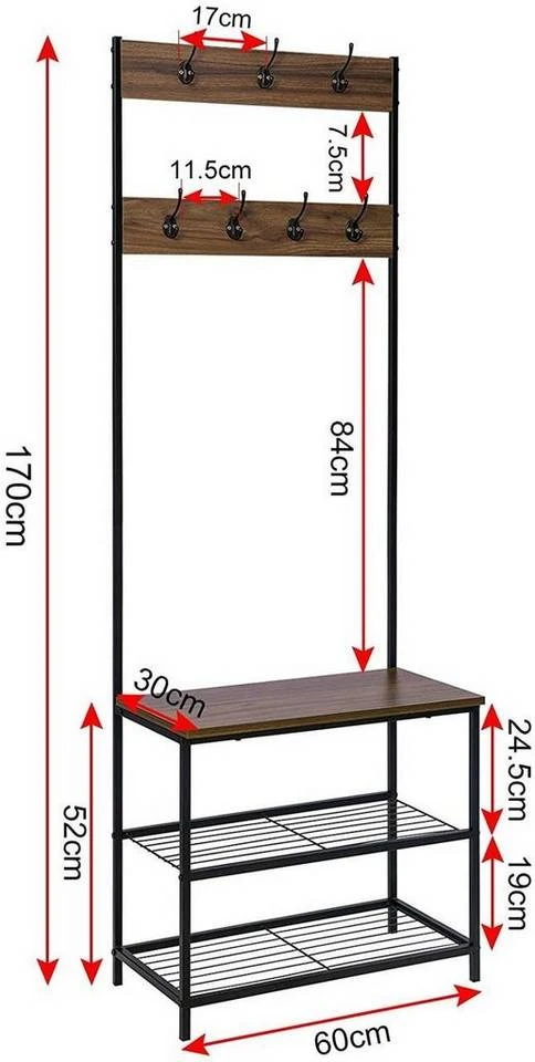 EUGAD Garderobenständer, (1 St), Kleiderständer, mit Haken, Schuhbank, Dunkelbraun 3 EUGAD Garderobenständer, (1 St), Kleiderständer, mit Haken, Schuhbank, Dunkelbraun – Bild 3