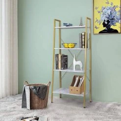 EUGAD Bücherregal, Standregal Bücherregal Metallregal Leiterregal Stufenregal Multifunktionale Regal Industrie Design MDF Metall Schwarz+schwarzer Marmor Golden+Weißer Marmor, Vintage -Eugad Möbel Einkaufen fcec248b 9279 5a4e 8693 2f8f5b13ad08